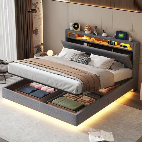 KEYIDE Polsterbett 160x200 cm mit LED-Beleuchtung und Aufladen USB, Doppelbett mit Stauraum Kopfteil und Lattenrost, Hydraulisches Schwebender Jugendbett Bettrahme, Leinen, ohne Matratze