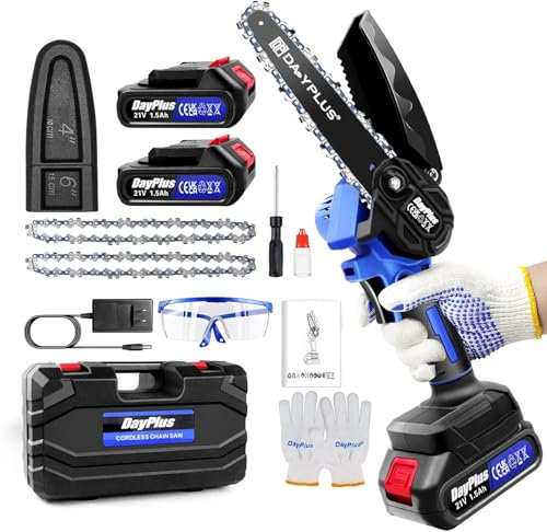 Mini Chainsaw Cordless 6 Inch with 2X1500mAH Battery, Powerful Electric Chainsaw with 2 Chains and Security Lock,Handheld Small Chain Saw for Wood Cutting Tree Trimming Gardening,Blue