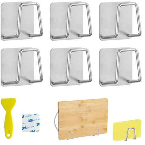 Ysimple 6 Pcs Sponge Holder for Kitchen Sink, Self Adhesive Sponge Holder Nail-Free, Stainless Steel Kitchen Sink Sponge Holder, Sponge Rack Waterproof/Quick Drying for Kitchen and Bathroom Storage