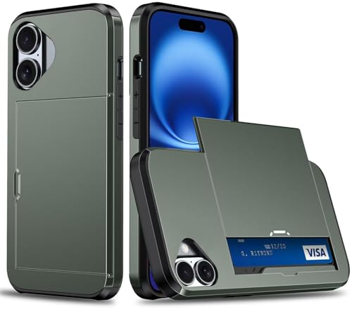 TQmchun Standard Handyhülle für iPhone 16 Case Silikon,Verschiebbarer Versteckter mit Kartenfach Silikon TPU Handyhülle Dünn Stoßfest Handy Tasche Bumper Brieftasche Case(Military Green)