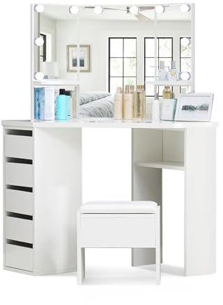 LEMROE White Corner Curved Dressing Table with Hollywood Lights, 5 Drawers Vanity Table with Storage Shelves Makeup Desk with Mirror and Stool for Bedroom