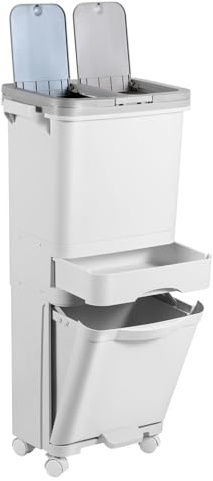 Jopassy Poubelle de cuisine, 42 l, avec 3 compartiments, poubelle de cuisine, tri sec et humide, poubelle à pédale avec couvercle et roulettes, pour cuisine, bureau et appartement, blanche