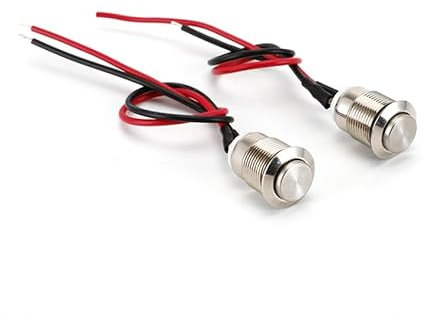 10 Piezas 12mm Momentáneo Pulsador Impermeable 12V/24V, Interruptor de Botón Acero Inoxidable con Alambre, Mini Pulsador Prueba Botón Cabeza Alta para Coche PC Lámpara Timbre