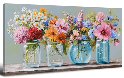 Colorful Floral Canvas Wall Art Framed for Bedroom Mason Jar Flowers Botanical Picture Wall Decor Minimalist Bouquet Plant Painting Prints Still Life Daisy Poppy Poster Artwork Decoration 100x50CM
