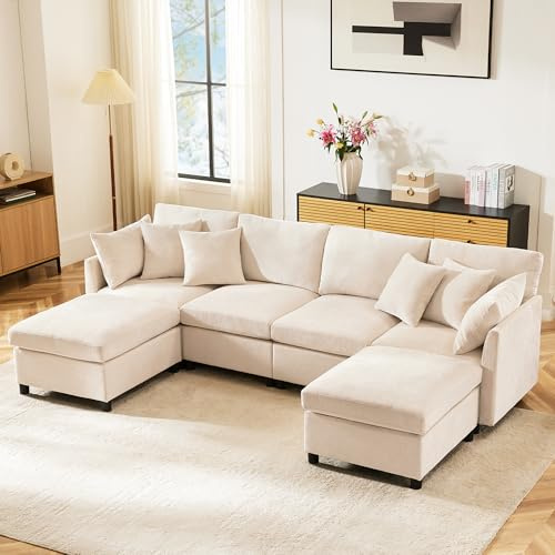 Ball & Cast U-förmiges Eckcouch mit Schlaffunktion, 4-Sitzer Sofa mit 2 Fußhocker für das Wohnzimmer Wohnung Villa, 278 x 81 x 161 (BxHxT), Beige