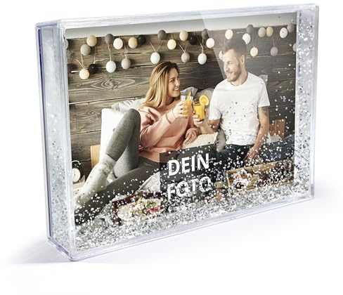 PhotoFancy® - Personalisierter Schüttelrahmen mit Foto - 3D Bilderrahmen mit Silber-Glitzer-Füllung und eigenem Foto gestalten - Acryl-Fotoblock