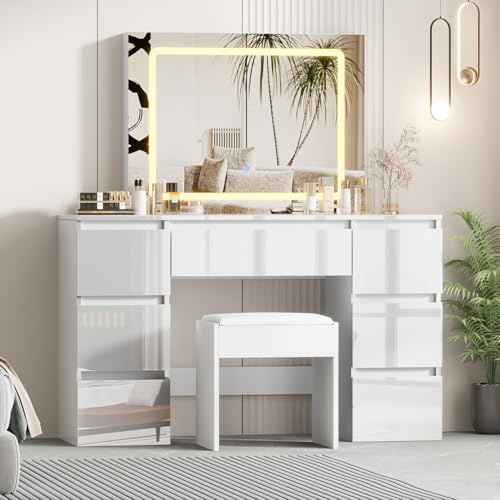 KernGut Mode Hochglanz 7 Schubladen Make-up-Tisch，Schminktisch mit LED Beleuchtung Dress-up-Tisch，Hochwertiger Stuhl mit Soft Pad，Schlafzimmer, Wohnzimmer, Friseur, Umkleidezimmer Möbel (Weiß)