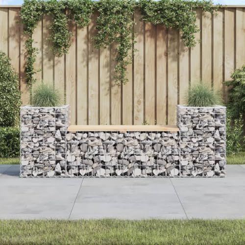 VIHHQGC Garden Bench with Gabion Basket Base, Rustic Pine Wood Bench for Patio and Garden Featuring Galvanized Steel Gabion Design Seat