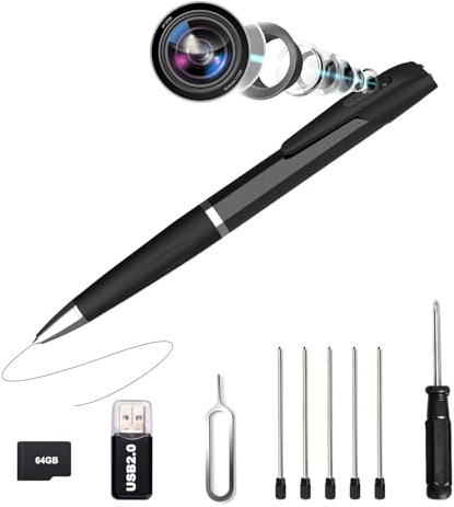 Bextgoo Mini Camara Espia, 1080P HD Camara Espia Oculta Sin WiFi con Tarjeta TF de 64GB, Grabación en Bucle y Marcado de Fecha, Vídeo y Fotos, Bolígrafo Espia para Interior y Exterior