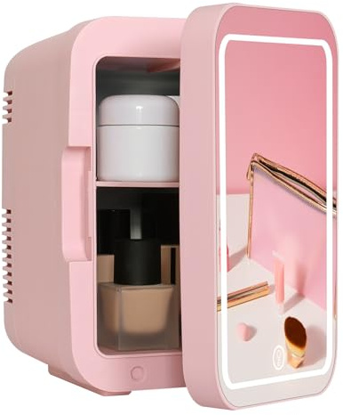 YU YUSING Nevera Pequeña con Espejo LED 4L para Habitacion, Mini Nevera | Nevera Portatil Electrica, con Enfriador y Calentador 12V/220V, Nevera Cosmeticos para Coche Oficina Dormitorio, Rosa