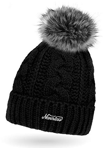 Neverless Damen Strick-Mütze gefüttert mit Fell-Bommel, Kunstfell, Winter-Mütze, Bommelmütze, schwarz Unisize