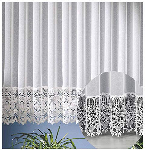 heimtexland edle Store Gardine aus Websablé transparent mit echtem Makramee Sockel in rein weiß - HxB 145x600 cm für Dekorationsbreite 190-240 cm - Ökotex Macramé Vorhang Typ516