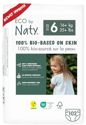 Eco by Naty Baby Öko Windeln - umweltfreundliche Premium-Bio Windeln aus pflanzenbasierten Materialien, ideal für empfindliche Babyhaut (Größe 6 - 102 Stück) - MONATSBOX