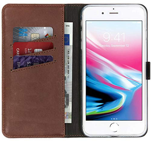 SELENCIA Bookcase Hülle kompatibel mit iPhone 8 Plus, iPhone 7 Plus – Era Leder Handytasche Side Flip Case – Handyhülle aus Rindsleder in Braun [3 Kartenfächer, Magnetverschluss]