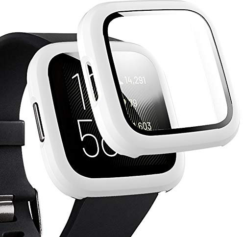 Miimall Kompatibel mit Fitbit Versa 2 Hülle mit Glas Schutzfolie, Sehr stark PC Schutzhülle + Displayschutzfolie Vollschutz Ultradünne Bumper Schutz Case für Fitbit Versa 2 - Weiß