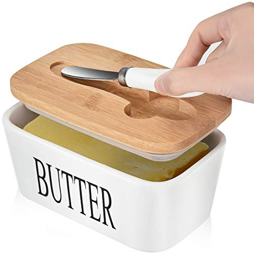 Large Butter Dish with Lid, Porcelain Butter Container with Knife Holds 2 Sticks of Butter with Double Silicone Seals design, Ceramic Butter Dish with Covers Perfect for East West Coast Butter,White