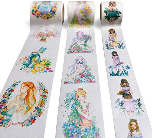 Navy Peony Ruhige Blumenmädchen Washi-Tapeset (3 Rollen, 45 mm x 5 Meter) | Wasserfest, Wasserfarben, niedlich | Breites dekoratives Klebeband für Planer, Tagebücher, oder Sammelalben