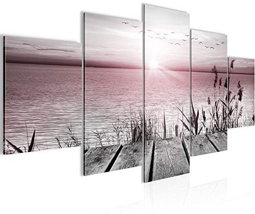 Runa Art Bild Wohnzimmer Schlafzimmer Brücke Am See 5 Teilig Meer Grau Rosa Wandbilder auf Vlies Leinwand 034353b