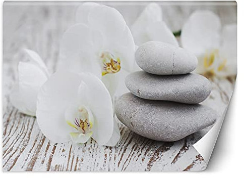 Feeby Vlies Fototapete Kieselsteine Spa Orient 200x140 cm Weiß Tapeten Wandekoration Wohnzimmer Schlafzimmer Büro Flur Buddhismus Rustikal Orchidee
