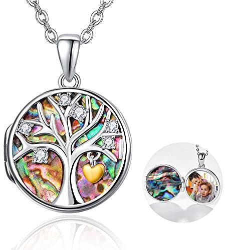 TANGPOET Lebensbaum Medaillon Halskette 925 Sterling Silber Abalone Baum des Lebens Medaillons Anhänger mit Bild Foto Halskette Geschenk für Frauen Mädchen Familie