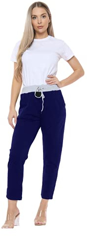 Candid Styles Womens Italian Denim Joggers Sweatpants Plain Floral Star Elasticated Waist Gym Running Yoga Pants Jogging Turn Up Trousers 8-22#Contrast Navy #(UK 12-14#Womens)