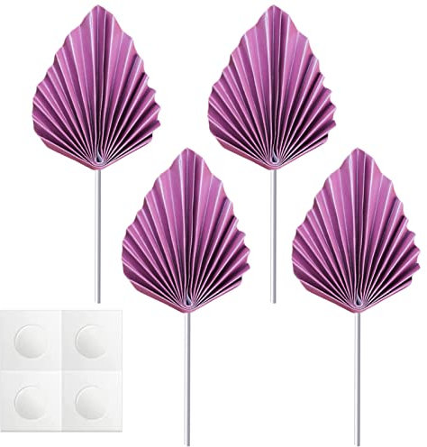 Udewo 4 Pcs Paper Palm Fan Cake Toppers, Palm Spear Leaf Cake Topper Fan Cupcake Toppers Cake Insert Decoration for Cake Decorating DIY Craft Project Home Wedding Party Décor, Purple