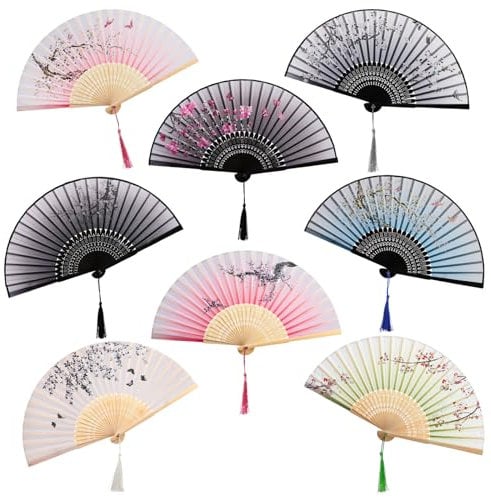 AVLA 8 Pack Folding Fans, Silk Fabric Bamboo Handheld Fans with Tassel, Floral Blossom Hand Holding Fans for Women, Wedding, Dancing Party, Gift, Cosplay, Wall Decoration, Chinese Vintage Retro Style