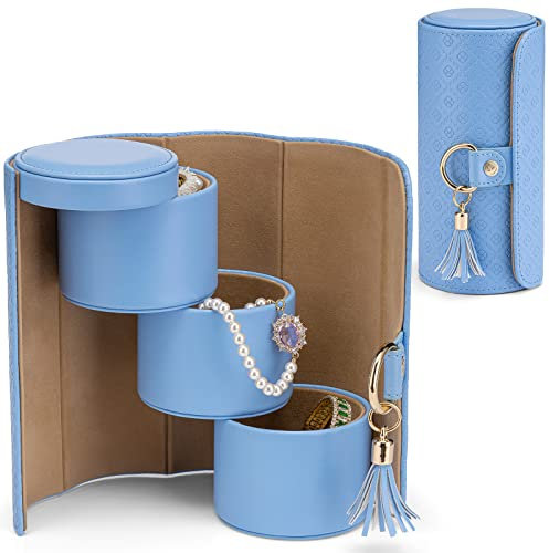 Vlando Weihnachtsgeschenke für Mutter, Frauen, Ehefrau – Reise-Schmuck-Oragnizer, 3-lagige Schmuck-Aufbewahrungsbox, Reisezubehör für Frauen, Geschenke für Reisende, Paare, Mutter, Freunde, Blau