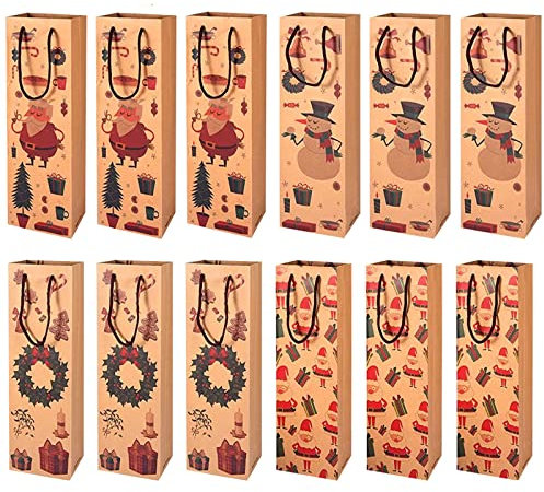 12 Stück Geschenktüten Weintasche Flaschentüten, 36×13×8 cm Weihnachten Weintüten, Flaschentüten Weintüten, Kraftpapier Flaschen Tüten Geschenktaschen mit Henkel für Weinflaschen Verpackung