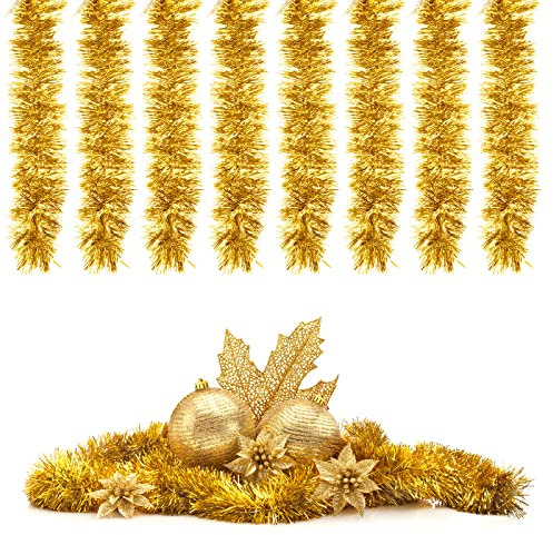 Weihnachtsbaum Lametta Girlande,8Pcs Glänzend Weihnachtsbaum Ornamente,Weihnachtsdeko Metallische Girlanden, Weihnachtsgirlanden,für Festliches Weihnachten Lamettaa,DIY Deko,Kindergeburtstag (Gold)