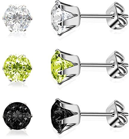 Artskin 3 Paar Ohrstecker aus Titan medizinischem Stahl und AAAA+ Cubic Zirkonia für Damen hypoallergen Geschenk für Mädchen (6mm, Silber)