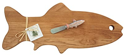 Solid Alder Fish Shaped Serving Board, Cheese Spreader Knife, 18x8