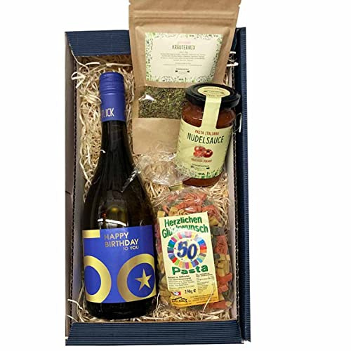 Geschenkset 50. Geburtstag // Feinkostgeschenk 50. Geburtstag mit 50er-Nudeln, Wein mit 50, Nudelsoße und Kräuter