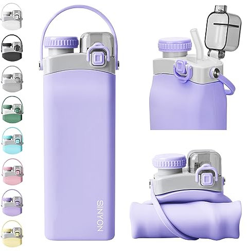 Collapsible Water Bottles, 20oz Silicone Reusable Water Bottle with Straw and Strap, Leakproof Foldable Sports Water Bottle for Travel Camping Running Hiking Gym, BPA Free