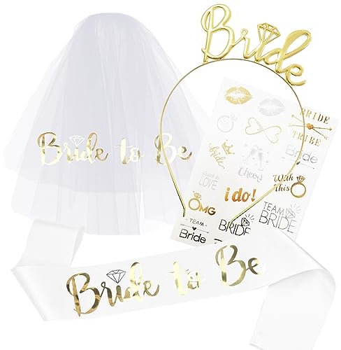 TOPWAYS Hen Party Accessories Bride to Be Sash Set, Hen Do Accessories Includ Bride Sash Tiara Tattoo Veil for Bride to Be, Bachelorette Bridal Shower Wedding Party Decorations (Gold+White sash)