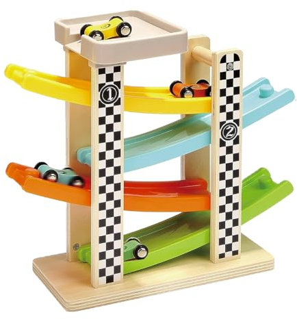 Jouet Rampe de Course en Bois, Kikuo Jouet Rampe de Voiture en Bois avec 4 Voitures de Course, sans BPA, Piste de Course, Jeu Voiture pour Enfant 1 Ans 2 Ans