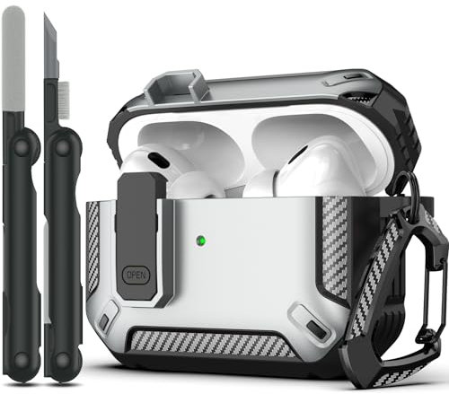 RFUNGUANGO Funda para AirPods Pro de 2ª generación(2023/2022/2019) con Kit de Limpieza, Armadura Protectora rígida Militar con Bloqueo para AirPod Gen 2,Plata