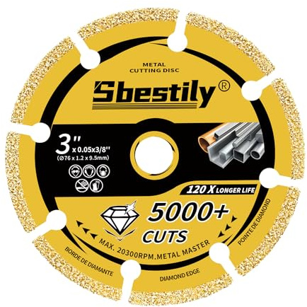 Sbestily 76mm Diamond Cutting Disc 9.5mm Arbor Cut Off Wheels for Metal | Heavy Duty 3 Blade for Steel, Iron & INOX. Precise, Burr-Free Performance with 5000+ Cuts Life for Tough Metal Working Jobs.