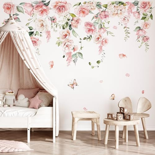 decalmile Wandtattoo Blumen Rosa Groß Wandaufkleber Pfingstrosen Hängende Rebe Blüten Blumen Wandsticker Kinderzimmer Mädchen Wohnzimmer Schlafzimmer Wanddeko