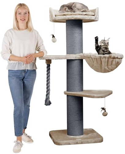 HAPPYPET Premium Kratzbaum Grosse Katzen Stabil 'Cooper' – 150 cm Großer Katzenbaum, Kletterbaum für Maine Coon, Natursisal, 20 cm Dicke Stämme - Cappuccino