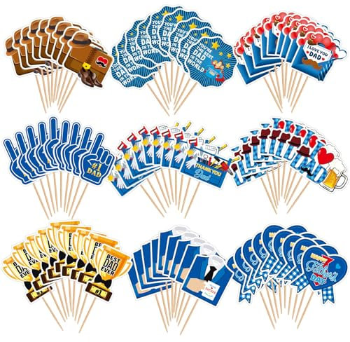 SANNIX Fathers Day Decorations,72Pcs Happy Fathers Day Toppers Father's Day Picks i love you dad cake topper for father day birthday Party Cupcake Decorations (9 Design)