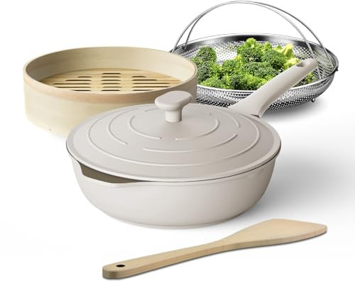 LIGTSPCE Always Non Stick Multipurpose Saute pan,Deep Frying Pans Nonstick with Lid(11-inch),Large Skillet 6pc, PFOA Free chef’s pan,Dishwasher and Oven Safe (Pebble)