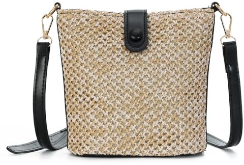 Syrads Sac à bandoulière en paille pour femmes Sac à bandoulière en paille d’été Sac de plage Sac à bandoulière Hobos sac de vacances,Noir