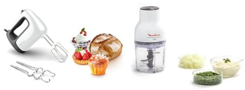 Moulinex Batteur électrique, 500 W, 5 vitesses, Réglage Turbo, 2 fouets + 2 pétrins & Hachoir électrique, 400 ml, 300 W, 4 lames, Fonctions 3-en-1, Emince, Hache, Mixe