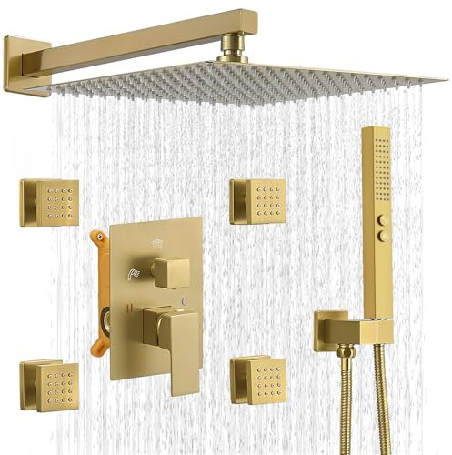 RUMOSE Regenduschsystem mit 4 Körperdüsen Wandmontage 4 Modi Duscharmatur Set mit 12 Zoll Regenduschkopf und 2 in 1 Handbrause Gebürstetes Gold Messing Duscharmaturen Grobventil