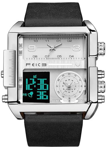 FEICE Herren Quarzuhr Multifunktions 24H Kalender Lederarmband Eckig Armbanduhr Einzigartig - FK030