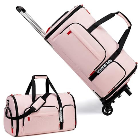 Kleidersack mit Rollen, Vessgra Reisetasche mit Rollen, Umwandelbare Kleider Duffel Tasche mit Schuhfach, Rollender Duffel Bag mit abnehmbarem Trolley System (Rosa)