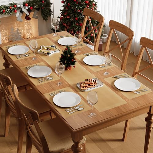 Famibay Tischläufer und Platzsets Weihnachten Platzdeckchen Abwaschbar 6er Set Tischläufer 180cm Lang Gold Platzsets Hitzebeständig Tischläufer Weihnachten für Küche Zuhause Speisetisch Hotel