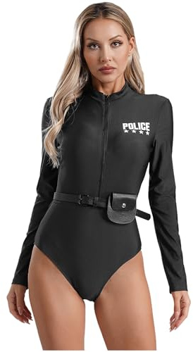 Jydiazi Damen Polizei Kostüm Body Langarm Und Gürtel Geldbörse Set Halloween Fasching Kostüm Polizistin Uniform Rollenspiel Party Outfit Schwarz_A S