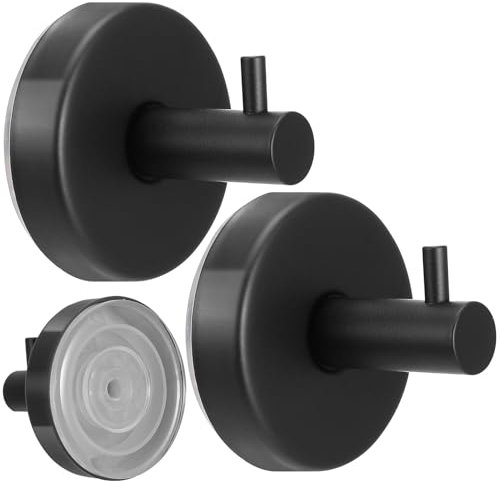 2 Pcs No Drill Suction Cup Hooks, Stainless Steel Waterproof Suction Cup Hooks for for Hanging up to 15lbs, Black Towel Suction Hook for Shower, Bathroom, Glass Shower Doors, Tile